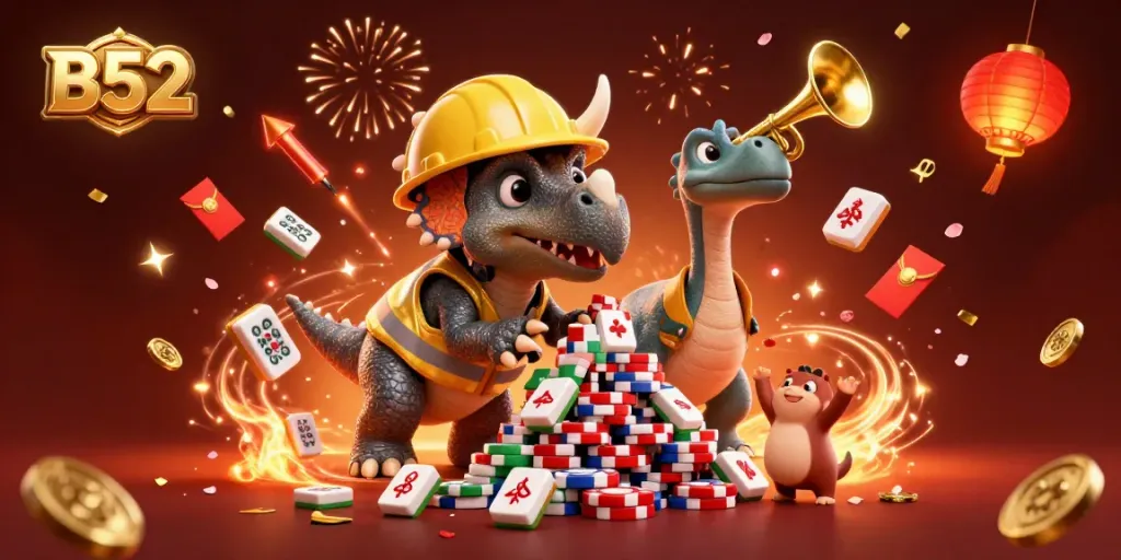 Engage with B52 gaming excitement, featuring vibrant casino characters and festive elements.