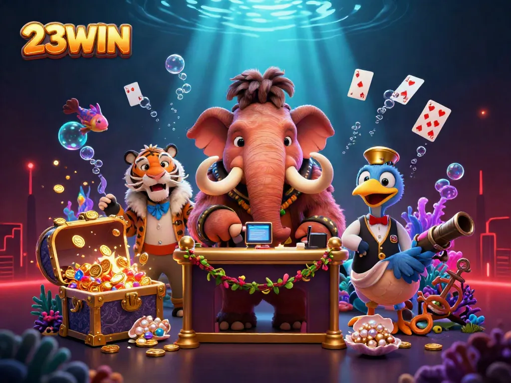 Engage with 23WIN in this vibrant 3D casino scene featuring unique characters and dynamic gambling elements.