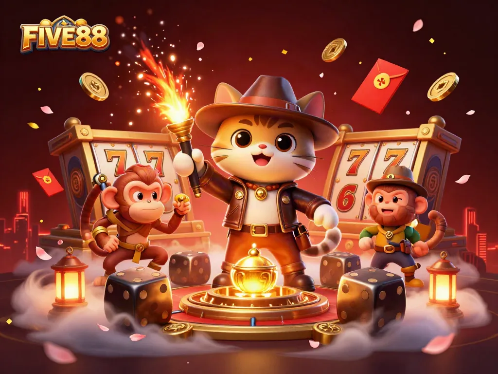 Engage with FIVE88's vibrant slot games and adventures through this dynamic 3D illustration.