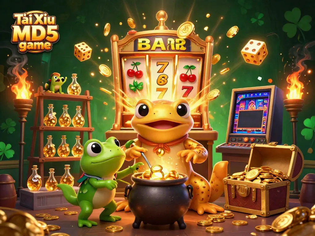 Experience the excitement of Tài Xỉu MD5 game with a giant golden salamander alchemist and vibrant casino elements.