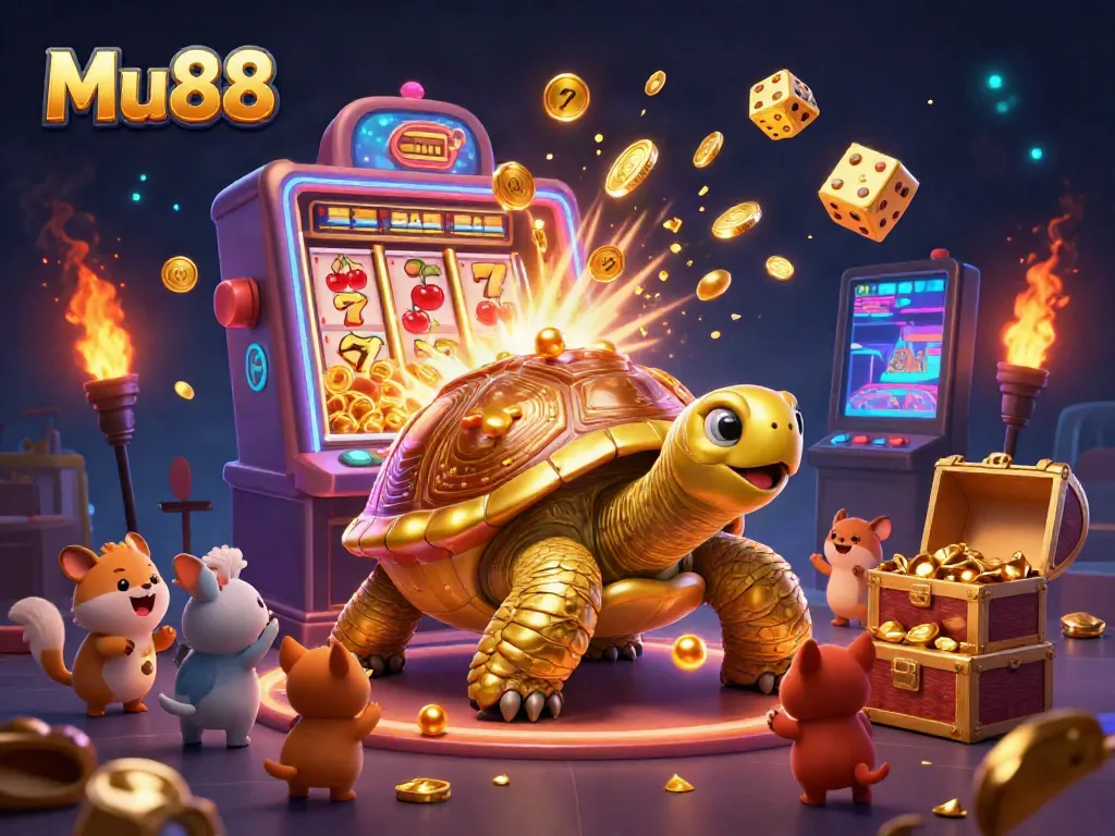 Engage in gameplay thrills at Mu88 with an exciting scene featuring a tortoise pinball machine amidst vibrant casino elements.