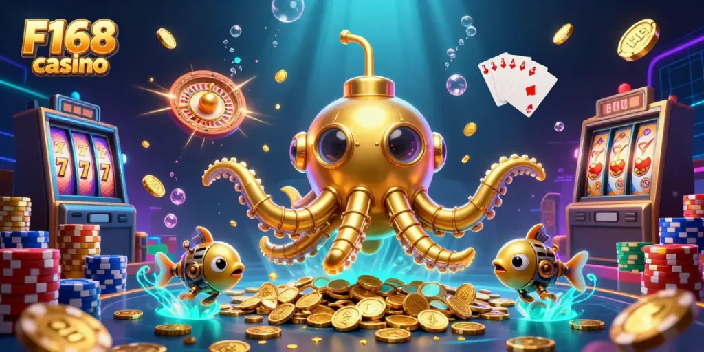 Experience the thrill of F168 casino with a vibrant underwater scene featuring gold coins and dynamic casino elements.