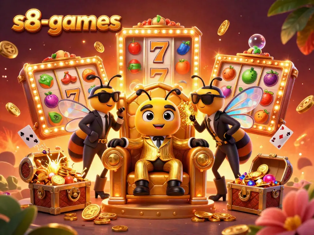 Engage with s8-games through exciting slots action in a rich, illustrated casino scene.