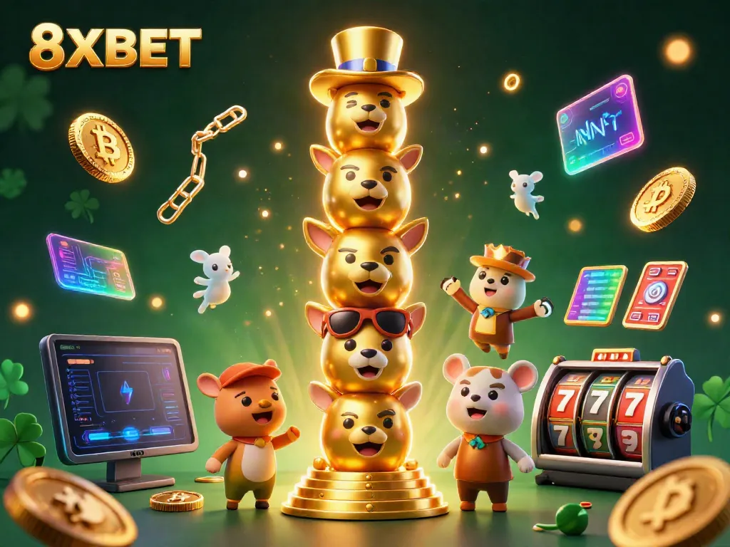 Experience 8XBET with vibrant slot elements and crypto themes in a rich 3D illustration.