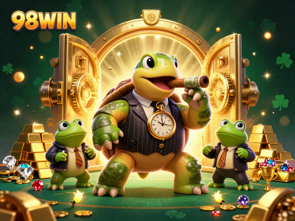 Engage with 98WIN's thrilling casino experience featuring a turtle mobster amid gold treasures and festive lights.