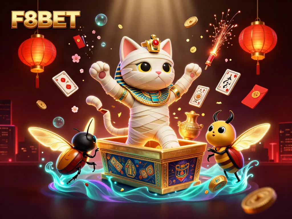Experience thrilling gameplay with F8BET as an Egyptian mummy cat bursts from a gold sarcophagus in a vibrant casino scene.