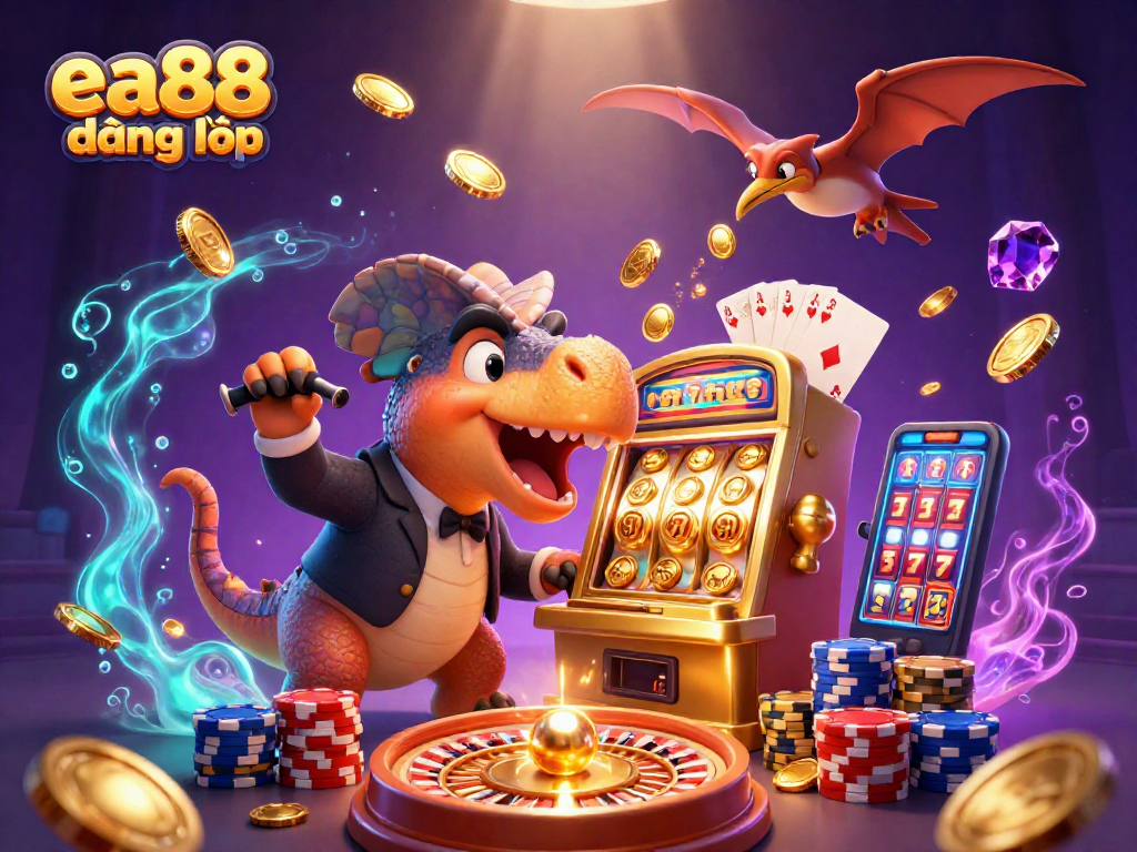 ea88 đăng nhập showcases a cartoon dinosaur winning jackpot coins at a casino, surrounded by excitement.