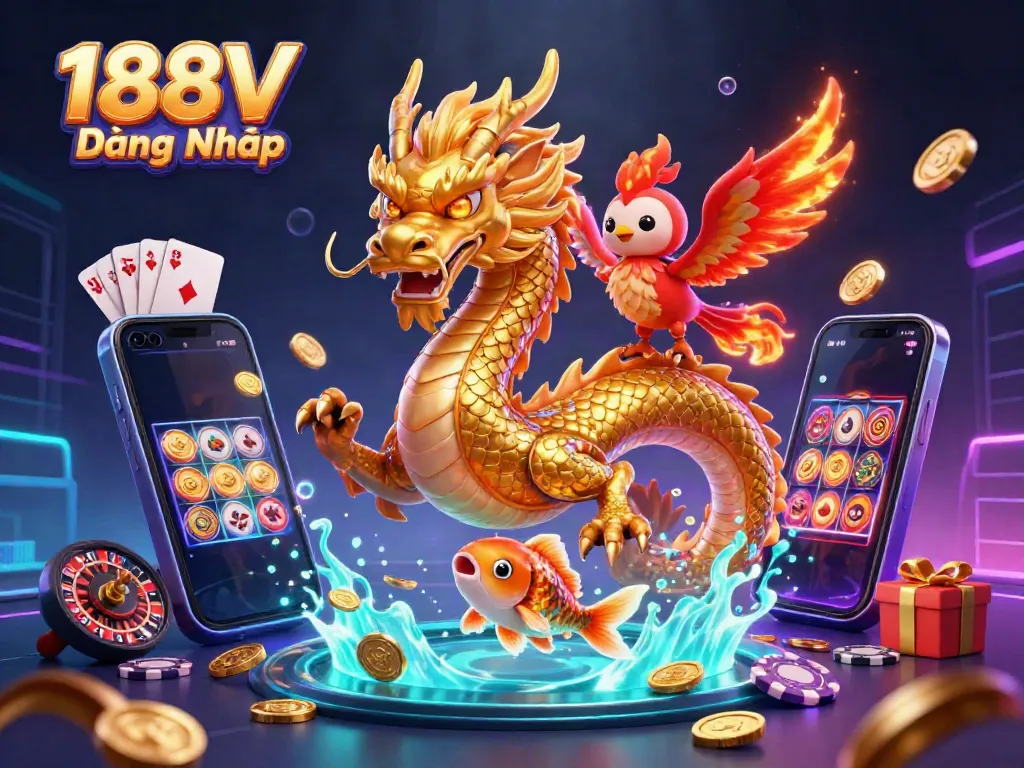 Experience thrill and excitement with 188V Đăng Nhập, featuring a powerful dragon and vibrant winning casino elements.