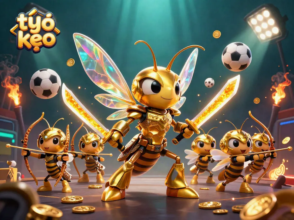 Engaging scene depicting a giant golden hornet representing tỷ lệ kèo, surrounded by sports elements and golden coins.