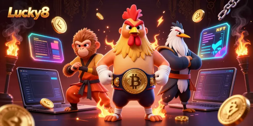 Engage in thrilling gameplay with Lucky8 featuring a Muay Thai rooster and martial artist in a dynamic casino scene.