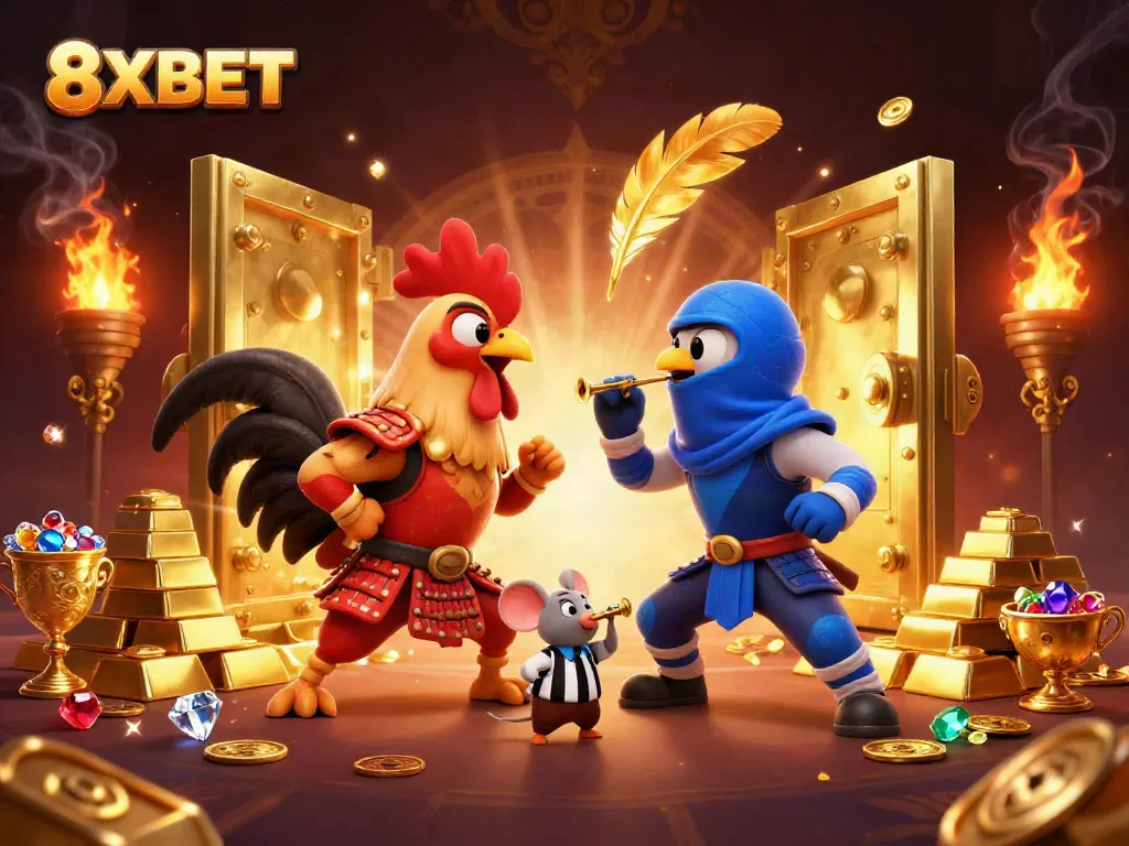 Engage with 8XBET's thrilling standoff between cartoon fighting roosters in a spectacular casino setting.