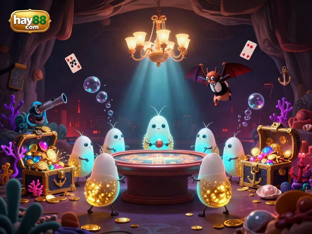 Experience the excitement of hay88 com at this vibrant cave casino scene with glowing creatures and playing cards.