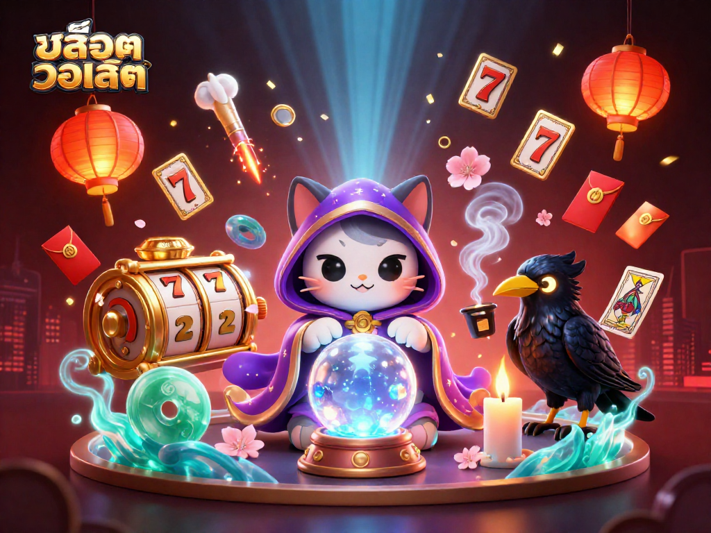 Experience สล็อตวอเลท with vibrant, dynamic 3D illustration showcasing casino elements and mystical characters.
