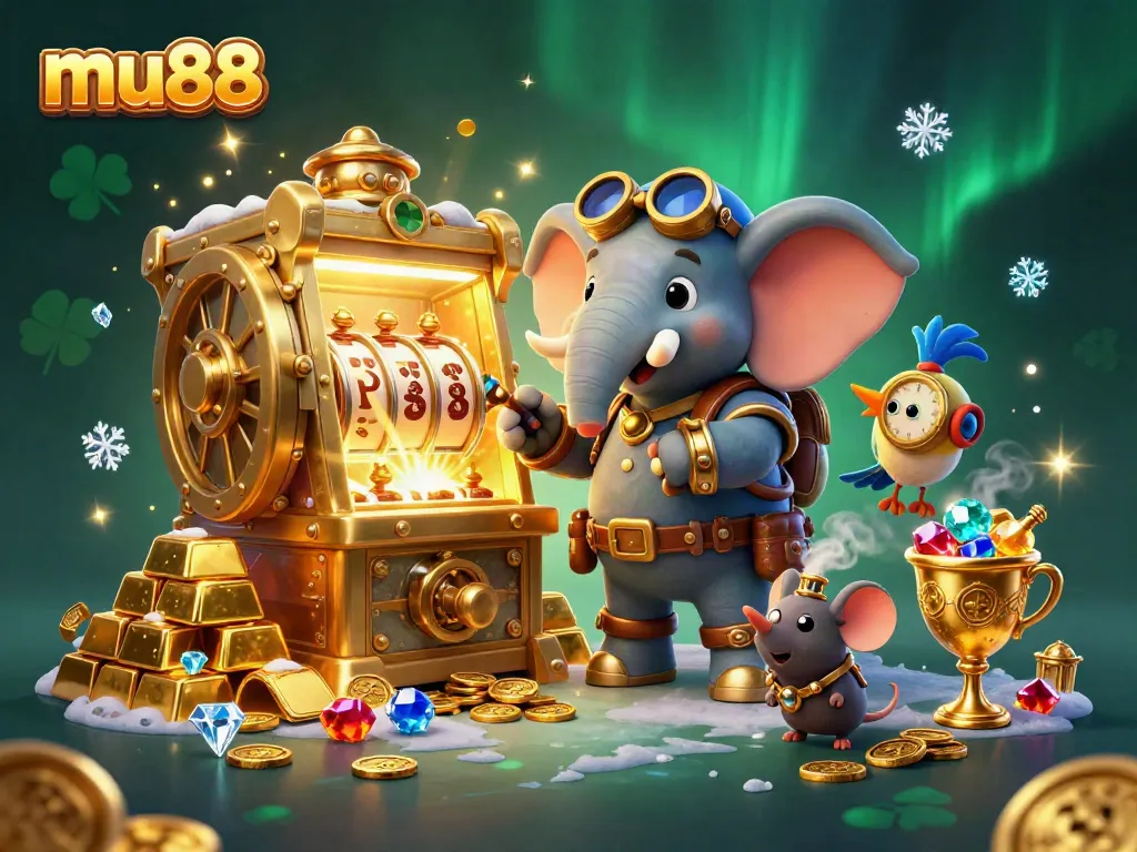 Engage in thrilling gaming at mu88 with a steampunk elephant and dazzling treasures at a vibrant casino.
