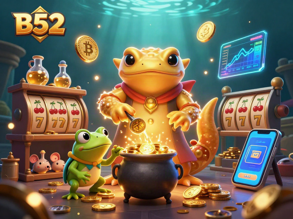 B52 online casino featuring a golden salamander alchemist amidst slot reels and cryptocurrencies for an enchanting experience