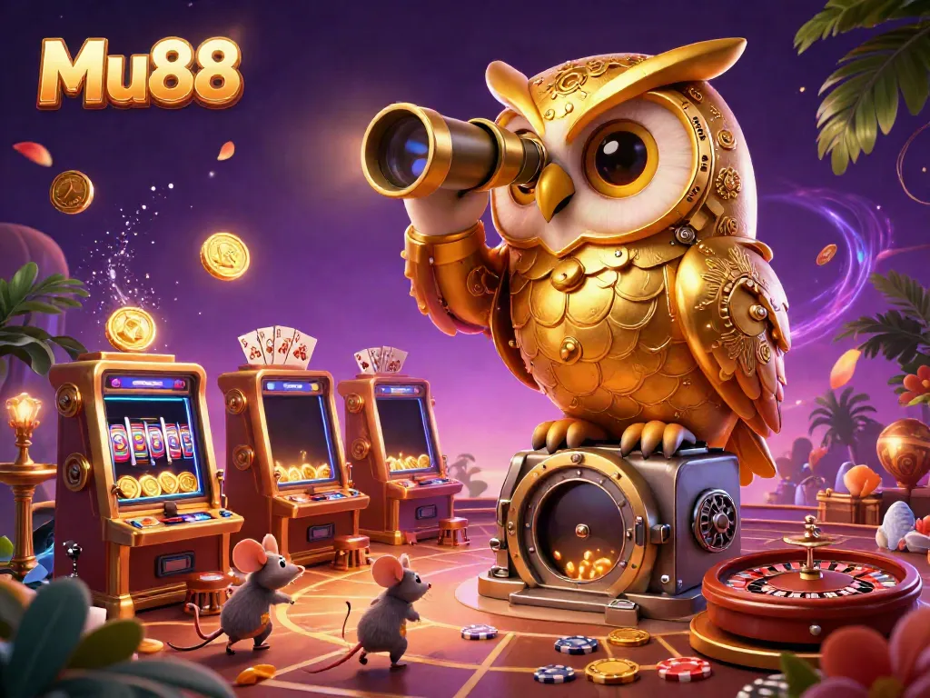 Experience the thrill of Mu88 at the vibrant casino with golden coins and colorful games in a 3D illustration.