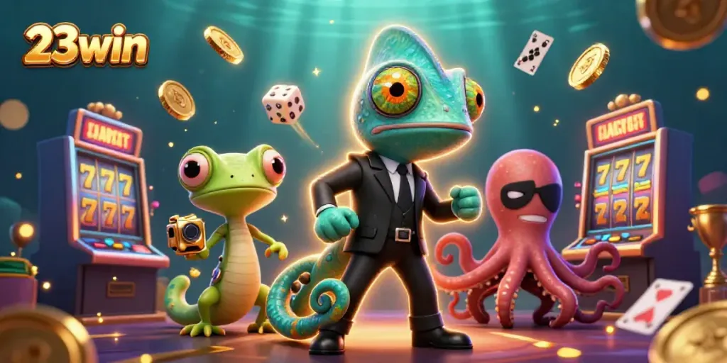 Experience the excitement of 23win with animated slot machines and vibrant characters in a casino-themed scene.