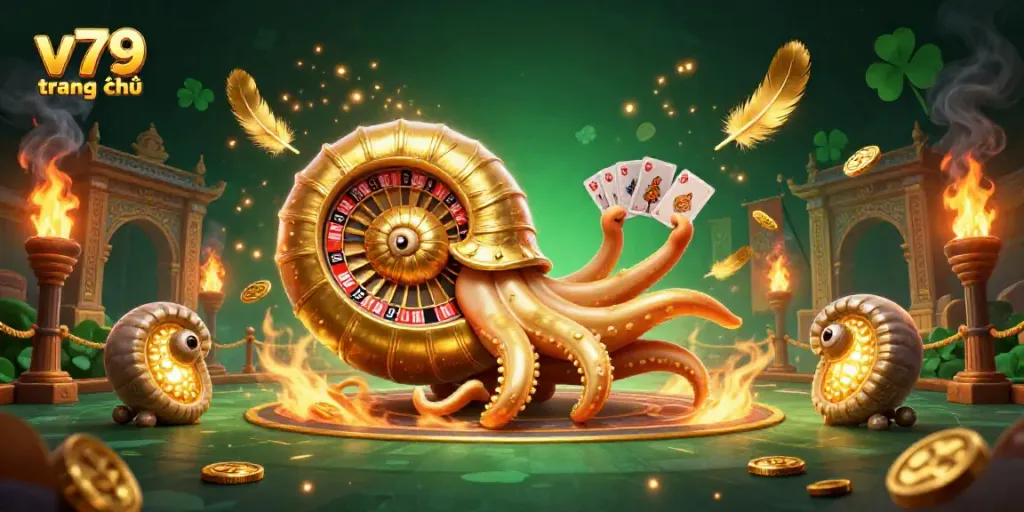 Experience the vibrant world of v79 trang chủ featuring a 3D nautilus as a roulette wheel amidst casino elements.