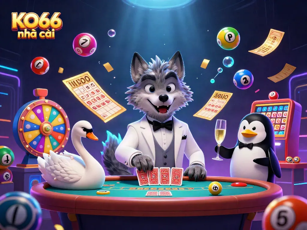 Experience KO66 nhà cái with an exciting 3D scene featuring lively casino characters and vibrant gaming elements.