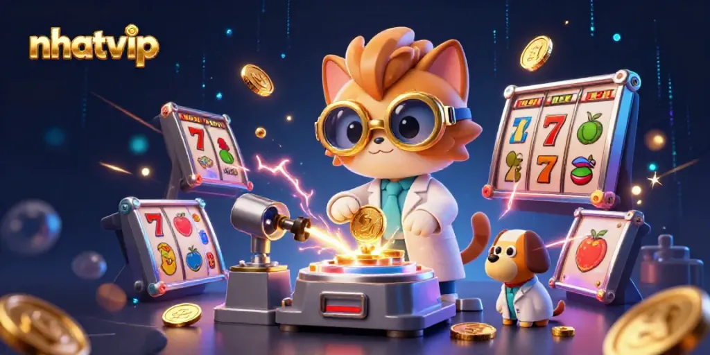 Nhatvip's mad scientist cat creates winning slot machines in an energetic casino scene.