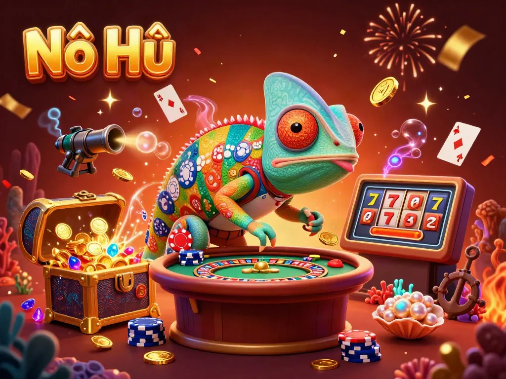 Nổ Hũ chameleon cartoon character capturing gold coins in a vibrant casino setting with dynamic game elements.