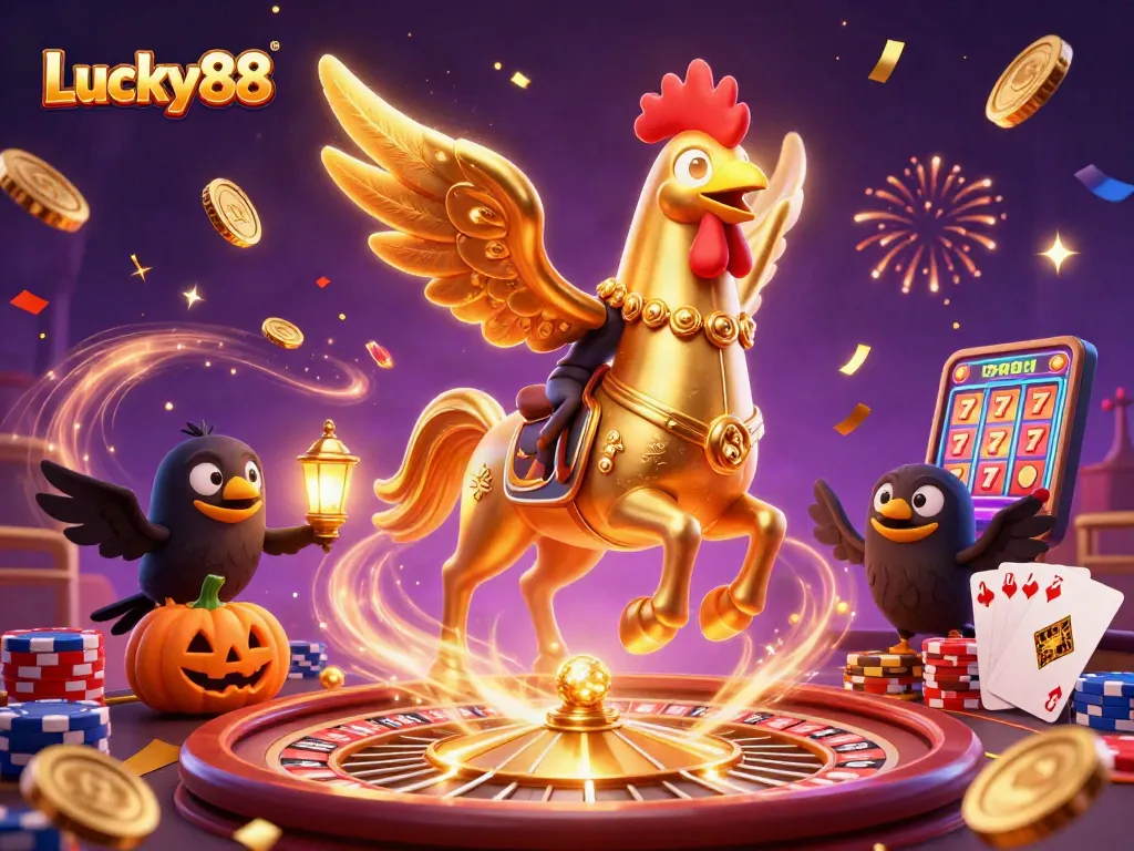 Experience thrilling wins at Lucky88 Casino with vibrant gaming illustrations, golden coins, and excitement.