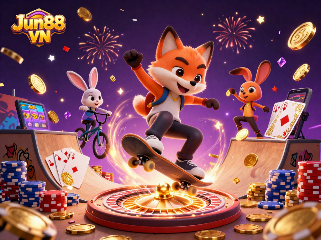 Spin the wheels of fortune with Jun88 VN, featuring engaging and dynamic casino characters in action.