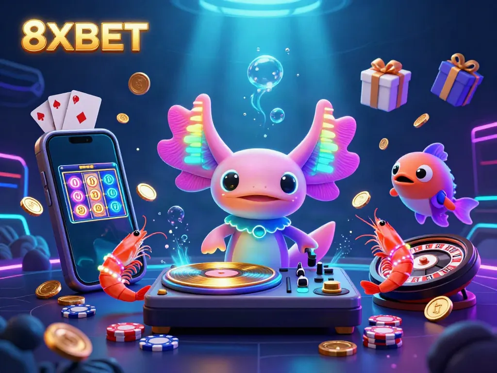 Experience the thrilling underwater casino vibes of 8XBET with a vibrant axolotl DJ, golden coins, and colorful slot games.