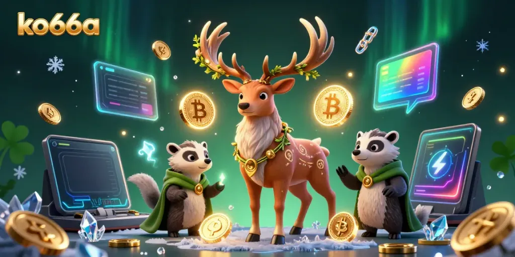 Engage with ko66a's vibrant casino world, featuring a Celtic druid stag and wise badger amidst glowing cryptocurrency elements.