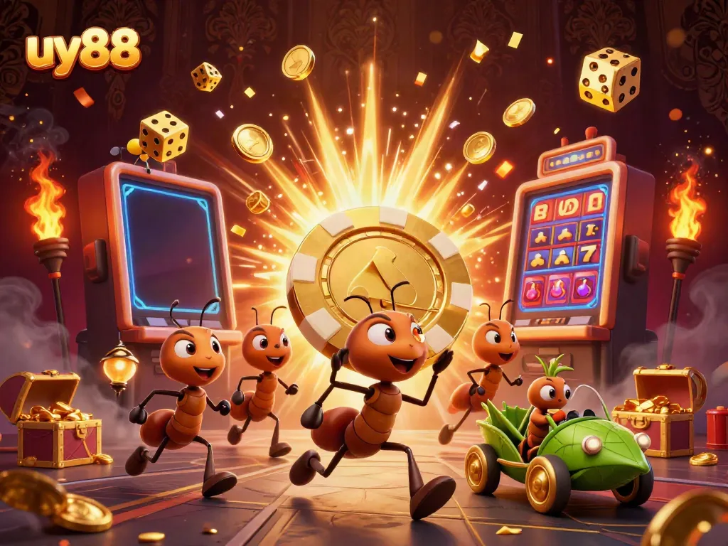 uy88 ants running heist with golden poker chip among exploding slots and casino elements