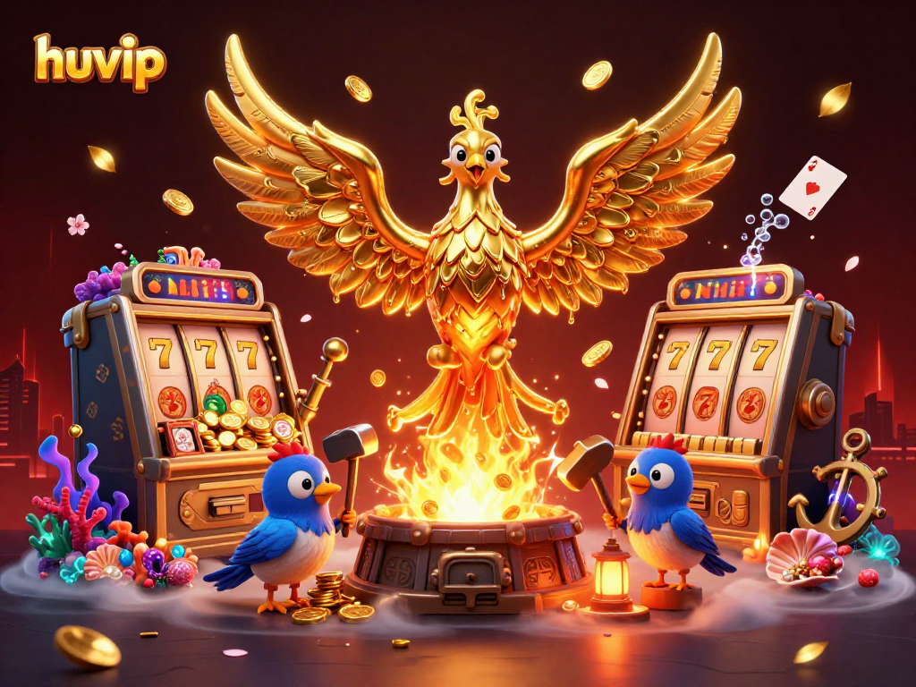 Experience huvip gaming with a stunning golden phoenix amidst vibrant casino elements and treasures.