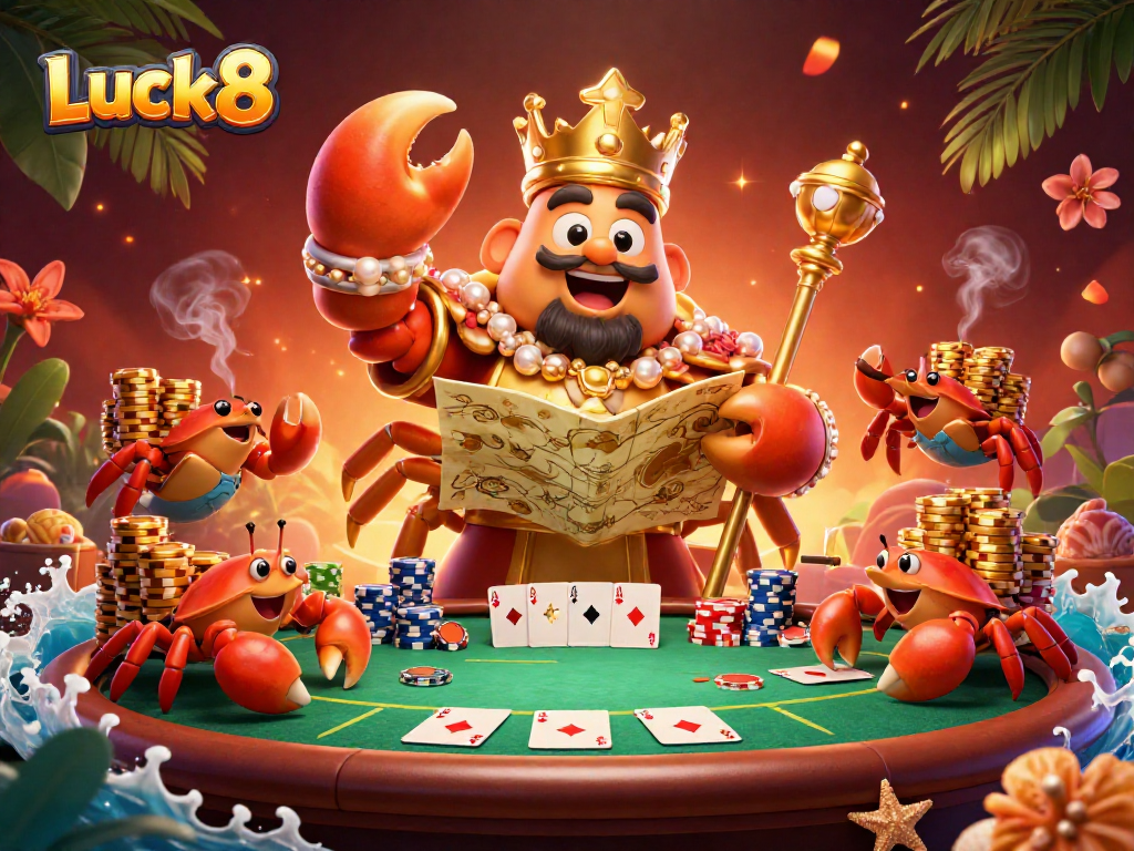 Experience Luck8's engaging poker scene featuring the golden crab emperor in a vibrant 3D illustration.