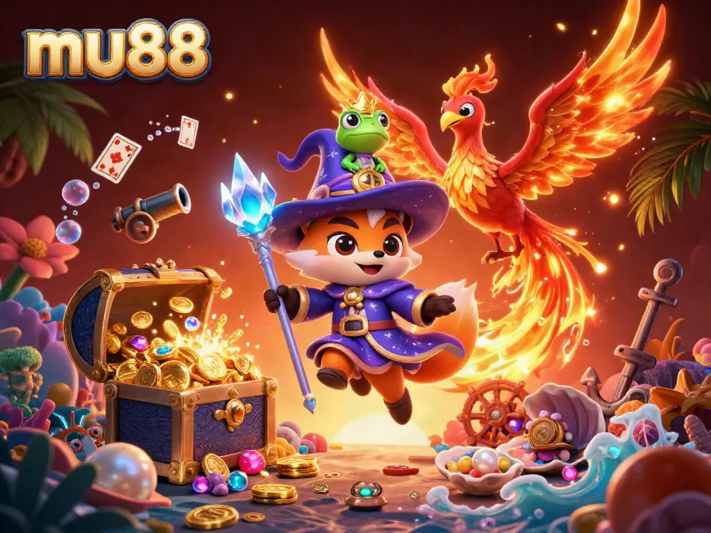 Engage with the vibrant magic of mu88 in this dynamic 3D casino illustration, featuring charming characters and thrilling game elements.