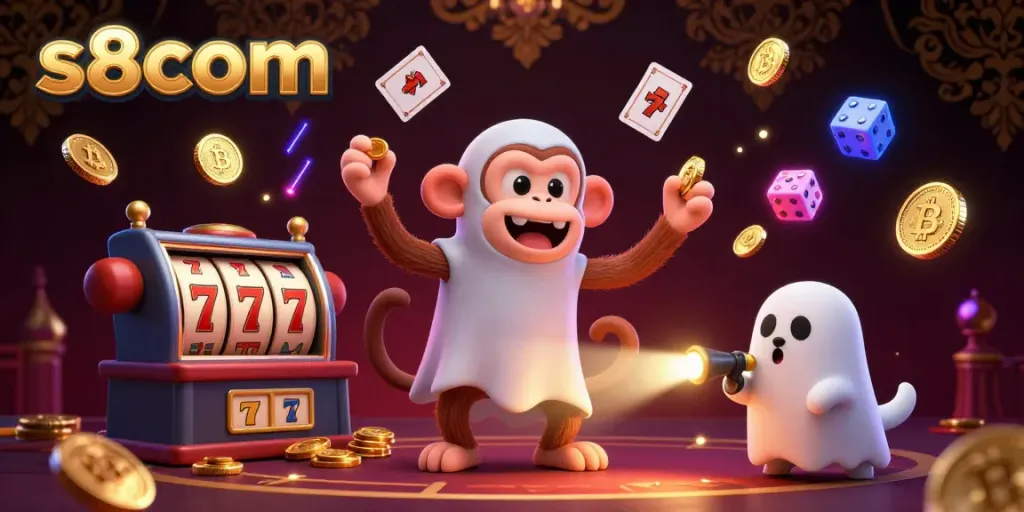 Engage with s8com's thrilling haunted casino scene featuring playful ghosts and dazzling crypto elements.