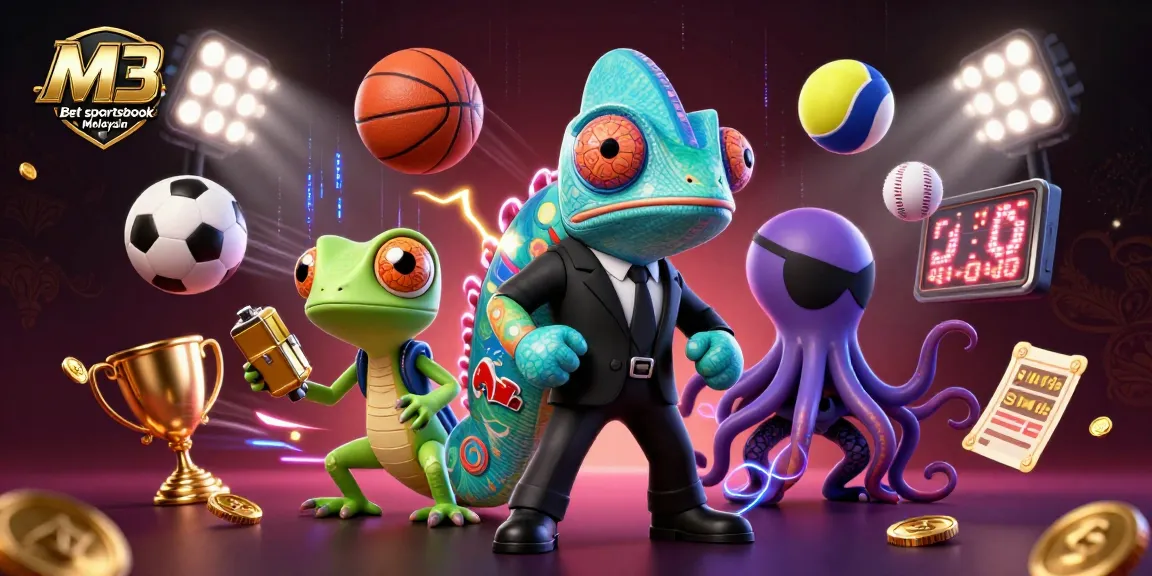 M3 Bet sportsbook Malaysia showcases a vibrant scene with sports elements, featuring a charismatic chameleon in action.