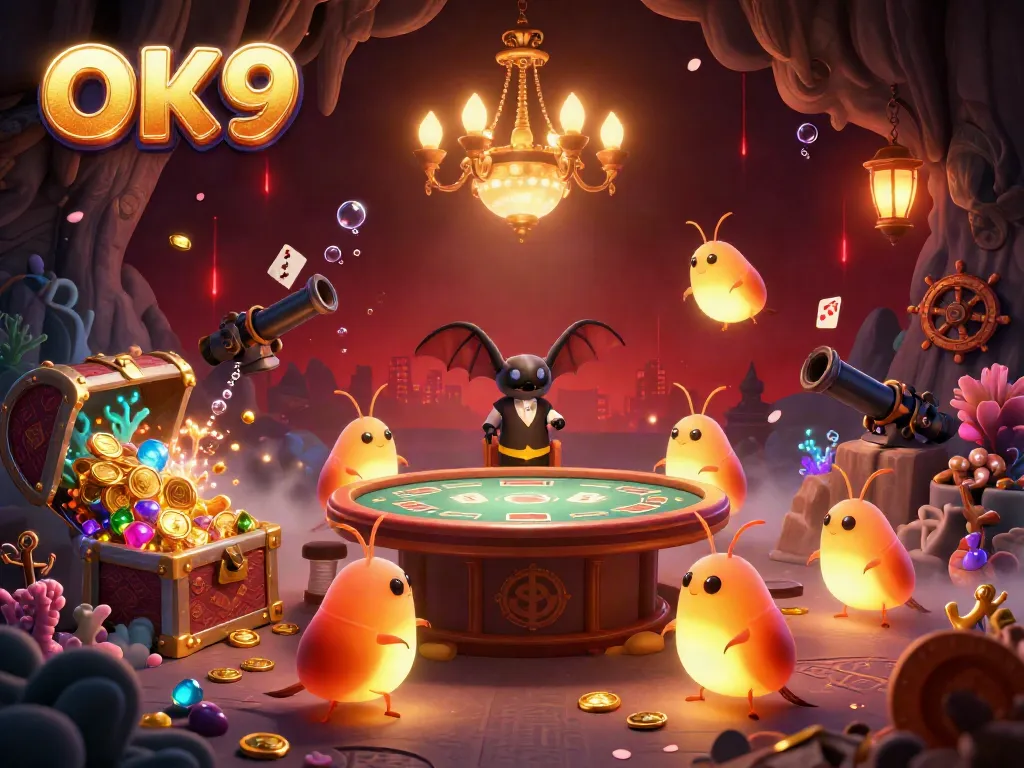 Experience the thrilling casino atmosphere at OK9 with a stunning illustration of glowworms lighting up the cave, immersing players in excitement.