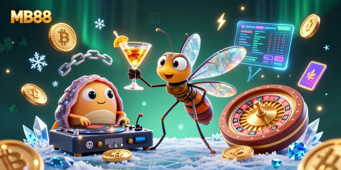 Experience dynamic gaming at MB88 with a lively 3D scene featuring unique characters and cryptocurrency elements.