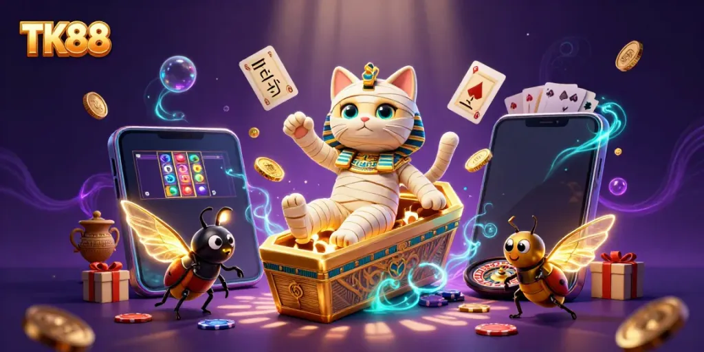 Spin the reels at TK88 with a playful Egyptian mummy cat and a glowing scarab in an enchanting casino scene.