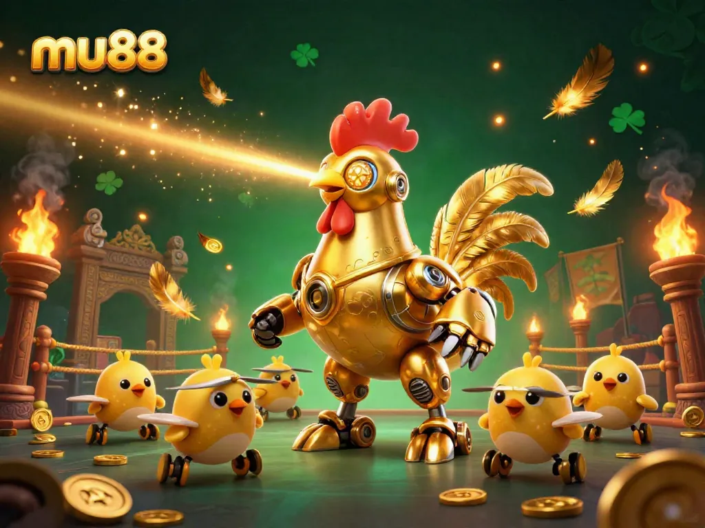 Engage in thrilling gaming at mu88 with a vibrant 3D illustration showcasing a golden rooster robot in a dynamic casino scene.