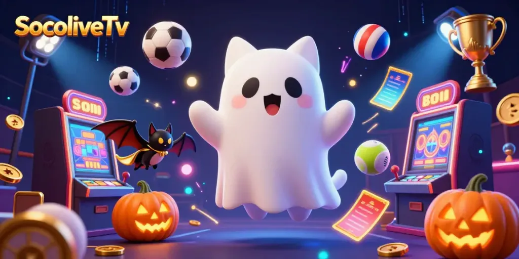 SocoliveTv showcases a captivating 3D ghost cat and bat in a haunted casino, with dynamic sports elements.