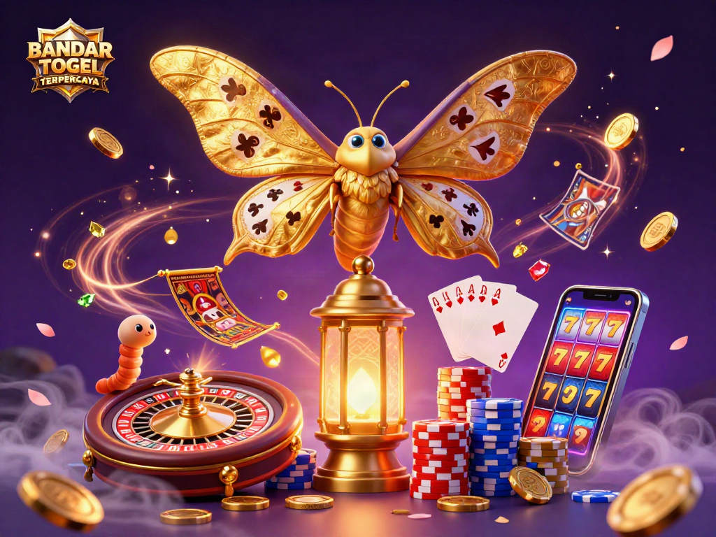 BANDAR TOGEL TERPERCAYA reveals a vibrant 3D casino scene with golden coins, roulette, and festive elements.
