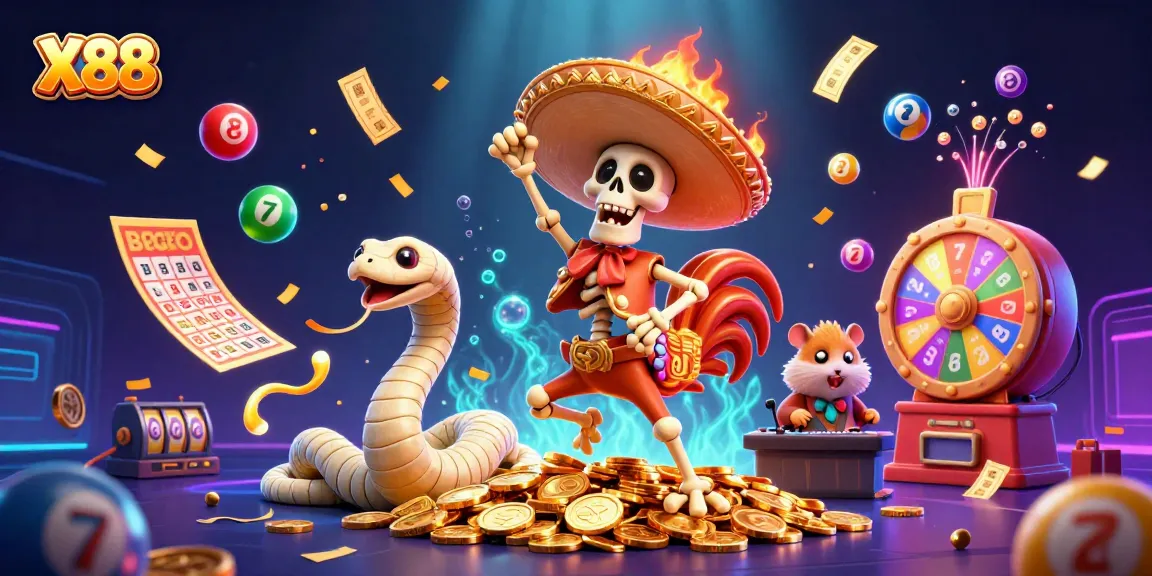 X88 offers a vibrant visual of a mariachi rooster celebrating victory with a DJ hamster at a lively casino scene