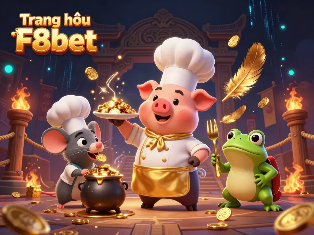 Engage with thrilling chances at Trang chủ F8bet featuring a chef pig serving golden coins.