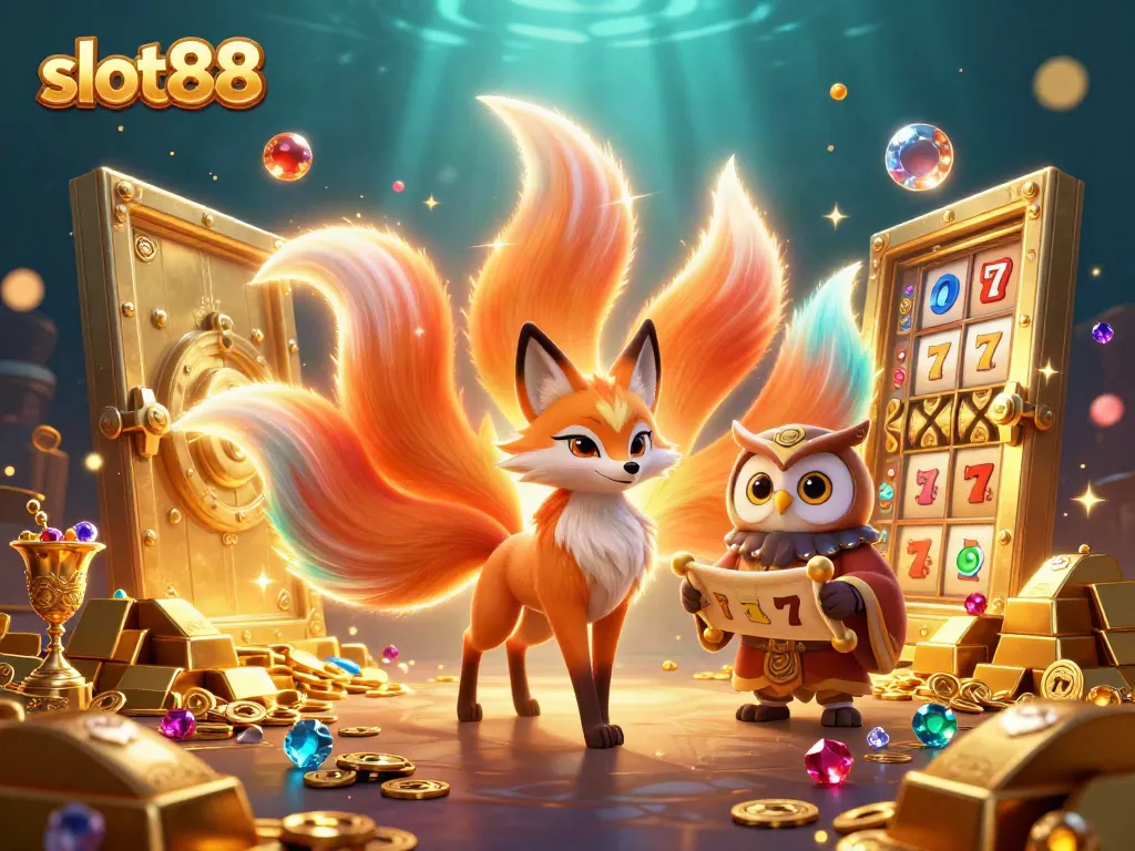 Engage with slot88's vibrant world featuring a fox spirit, wise owl, and treasures.