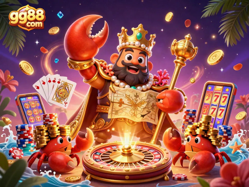 Experience thrilling gaming at gg88 com with vibrant casino elements and a golden crab emperor illustration.