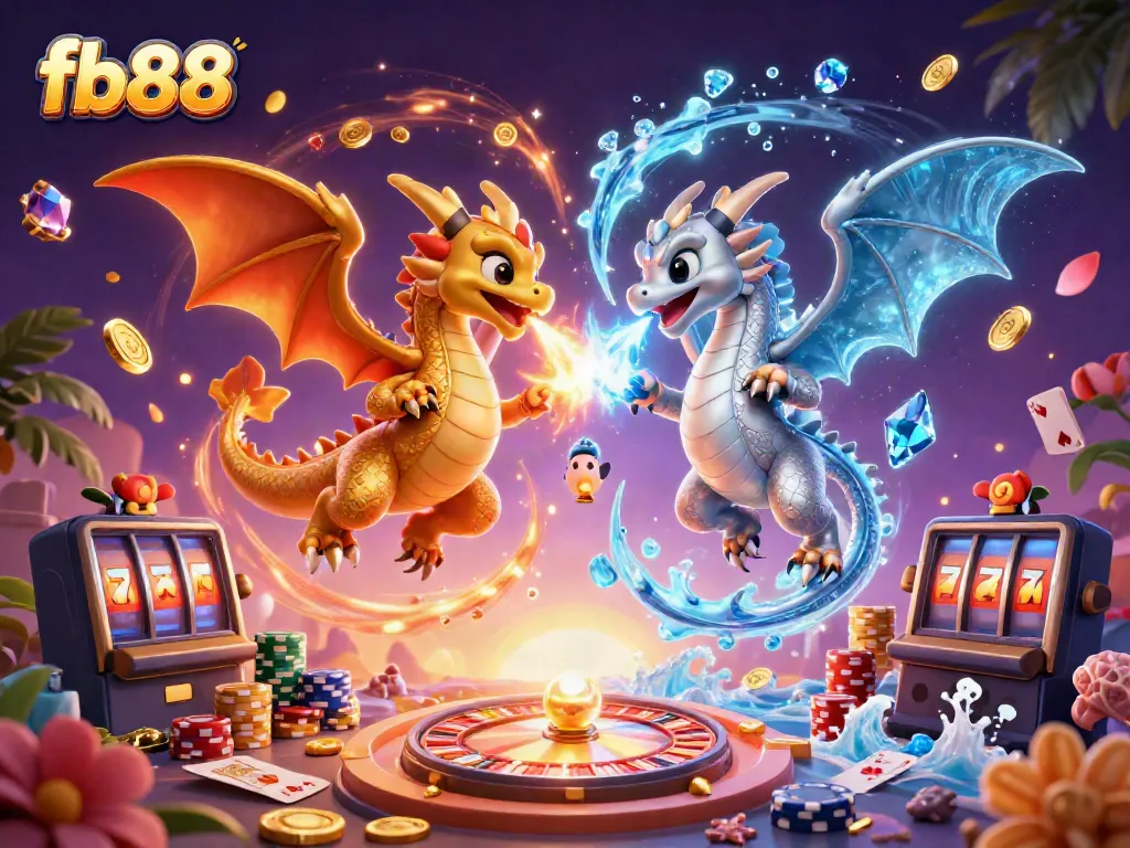 Experience thrilling gameplay with fb88 as twin 3D dragons ignite the casino world with fire and ice.