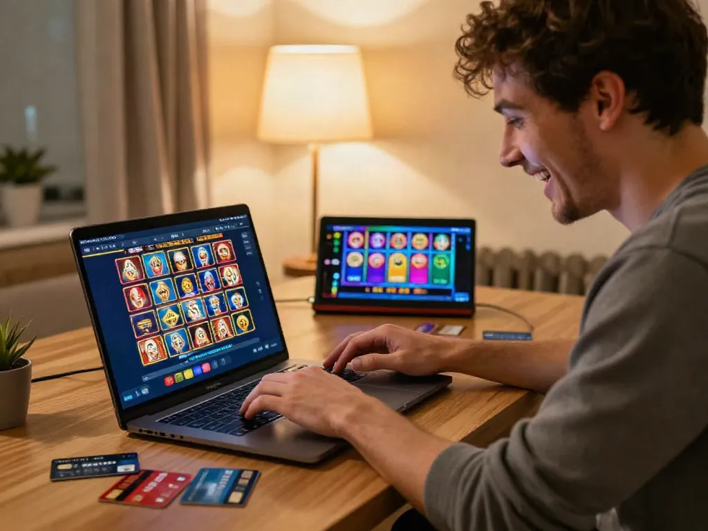 UK player exploring credit card casinos with a laptop and credit cards.