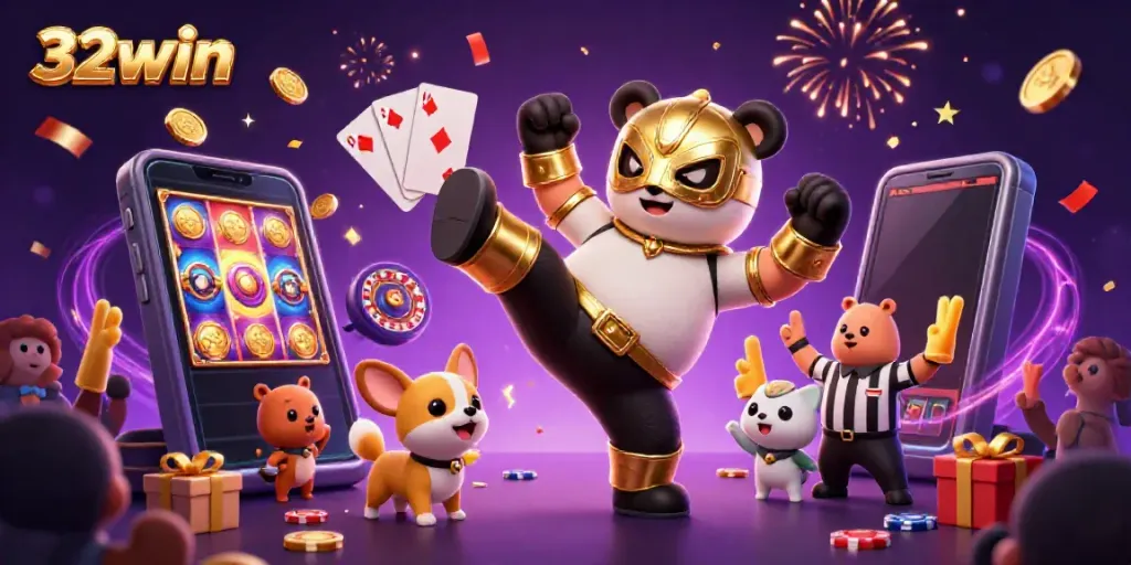 32win's energetic scene displays a panda wrestler, chihuahua referee, and excited crowd at a casino event.