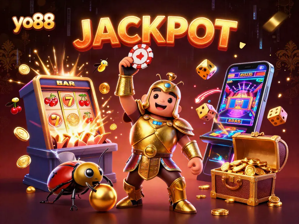 Engage with yo88 by lifting a poker chip and celebrating with a jackpot mechanism in a vibrant casino scene.