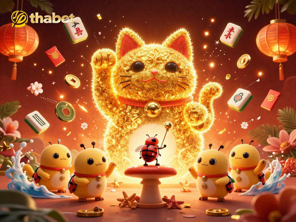 Experience thabet's ultimate gaming adventure with a dynamic lucky cat and vibrant casino symbols.